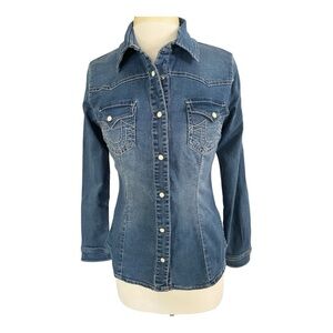 True Religion Western Denim Shirt with Pearl Snap Details
